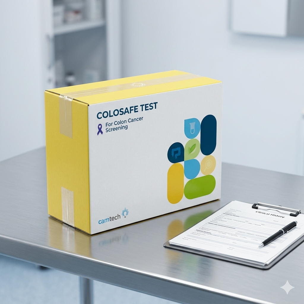 Colosafe non-invasive diagnostic collection kit on a clinical examination table.