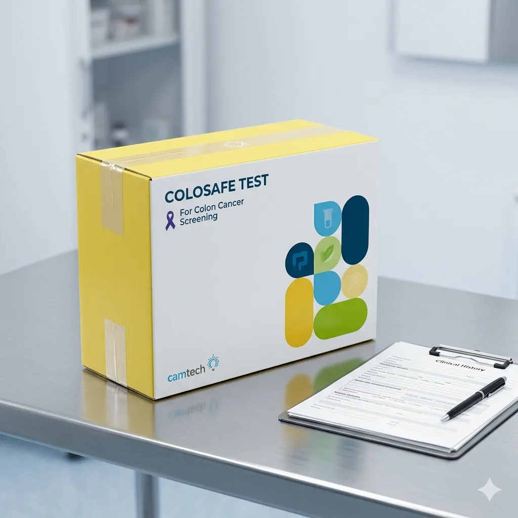 Colosafe non-invasive diagnostic collection kit on a clinical examination table.