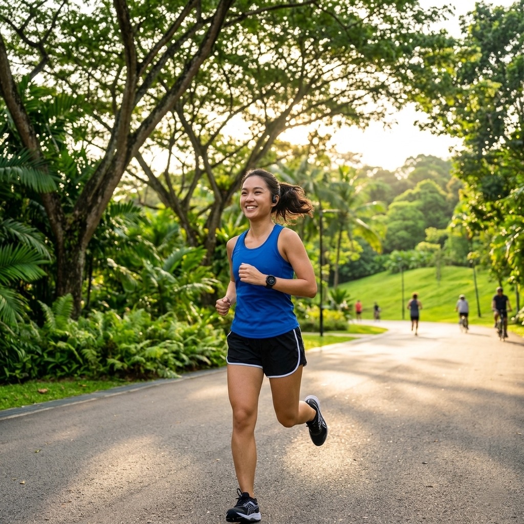 Woman jogging in a park using a smartwatch for fitness tracking.