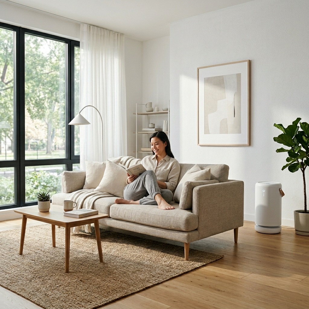 Person relaxing in a clean home environment with an air purifier nearby