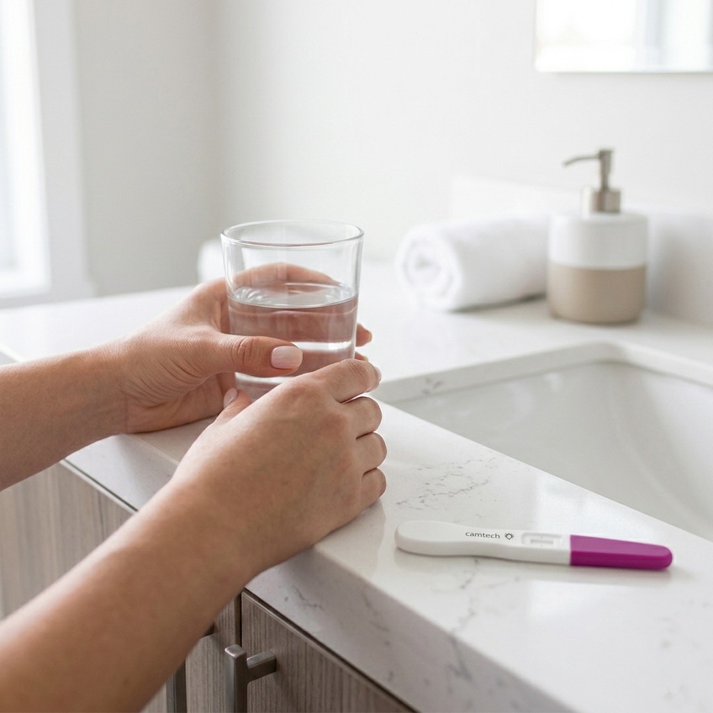 Hands holding a health test kit and water.