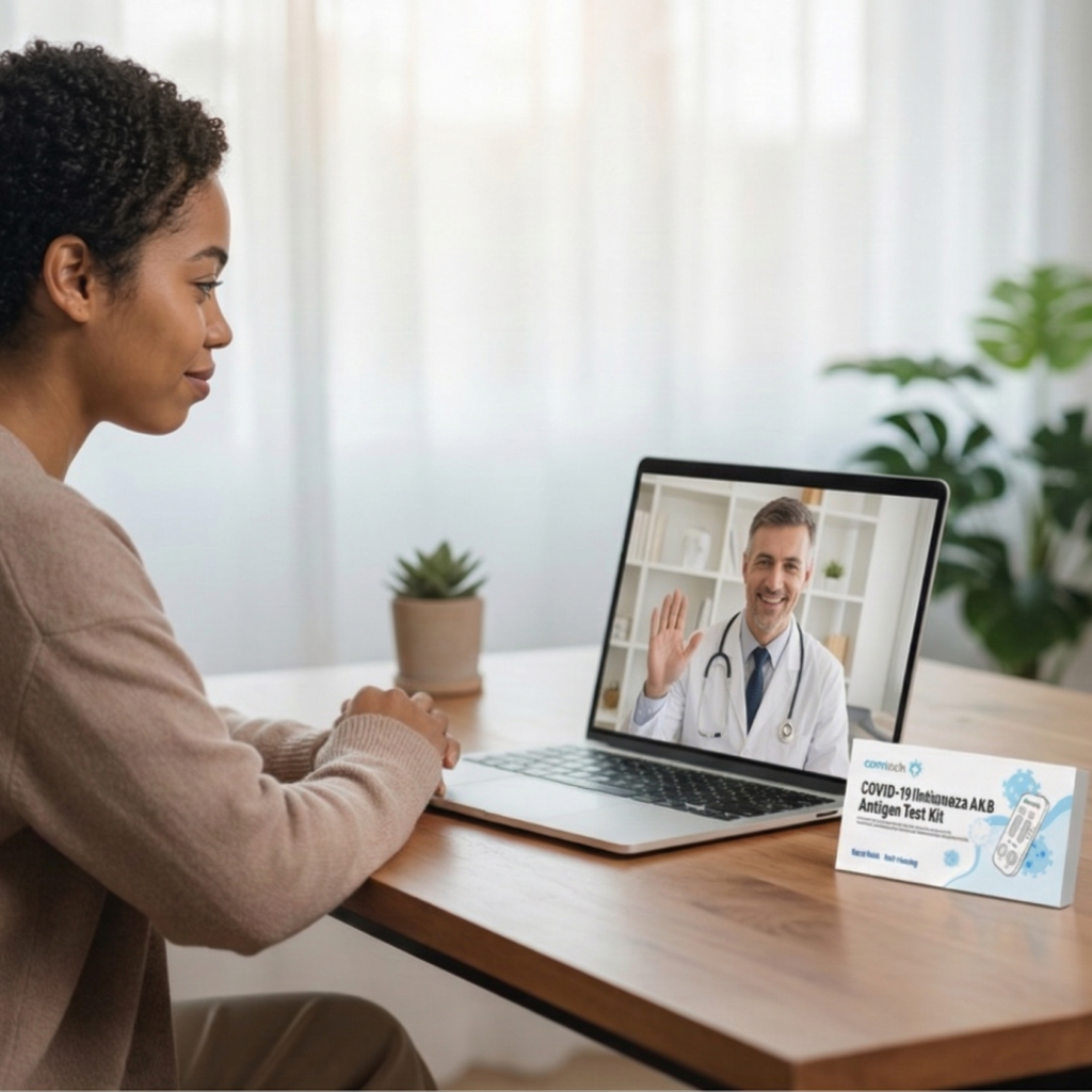 A woman engaging in a teleconsultation with a doctor on a laptop with a Camtech COVID-19 and Influenza test kit nearby.