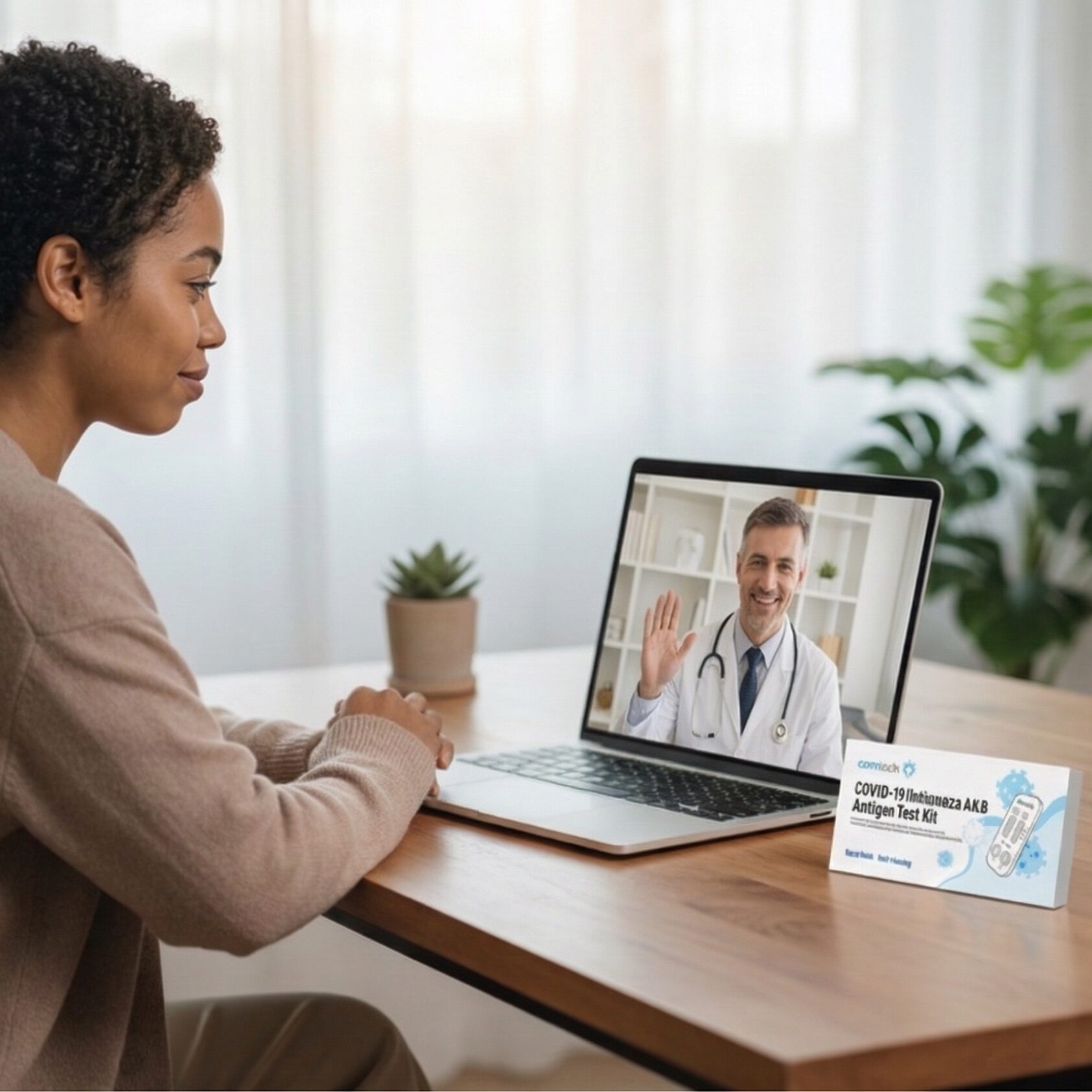 A woman engaging in a teleconsultation with a doctor on a laptop with a Camtech COVID-19 and Influenza test kit nearby.