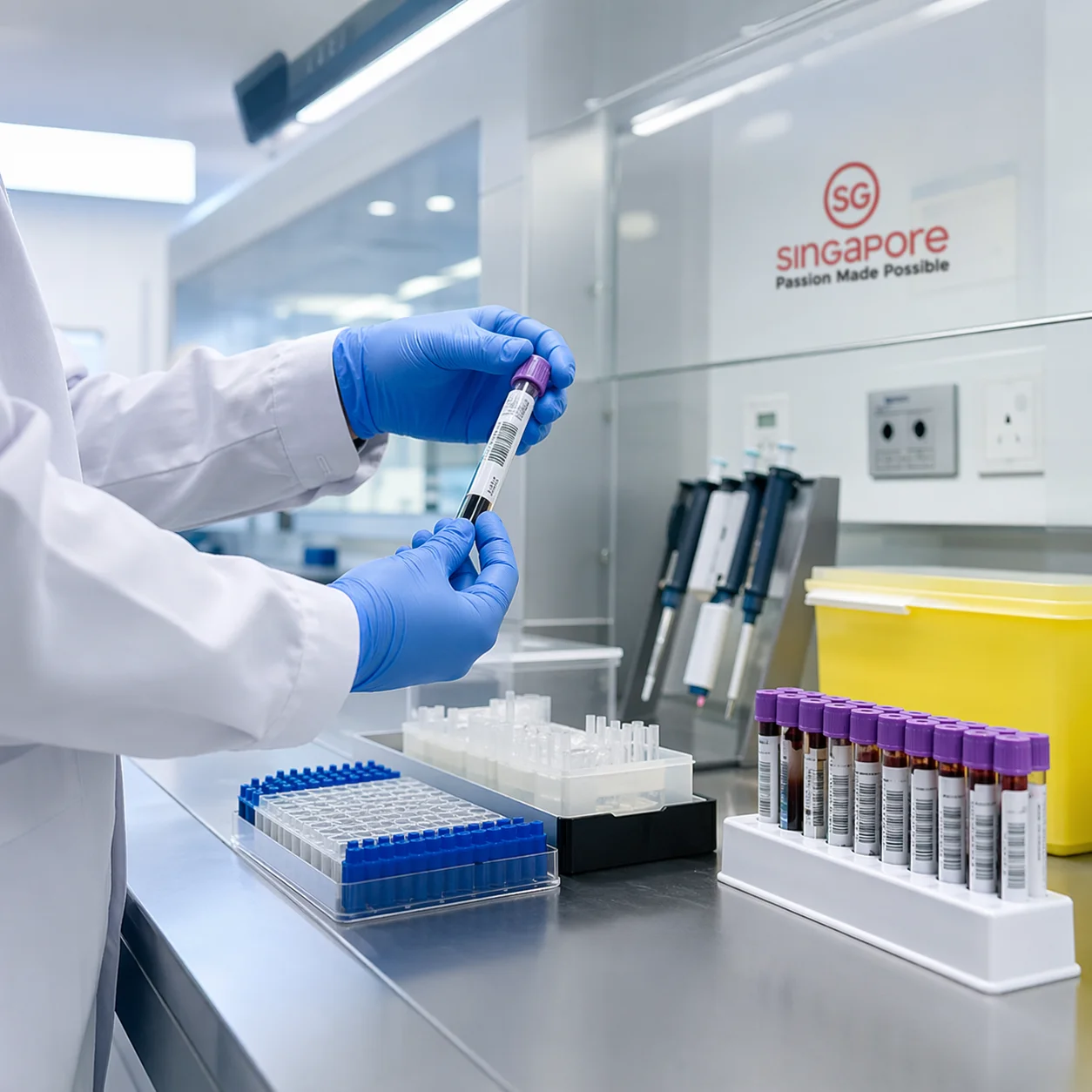 Laboratory technician processing clinical samples in a Singapore laboratory