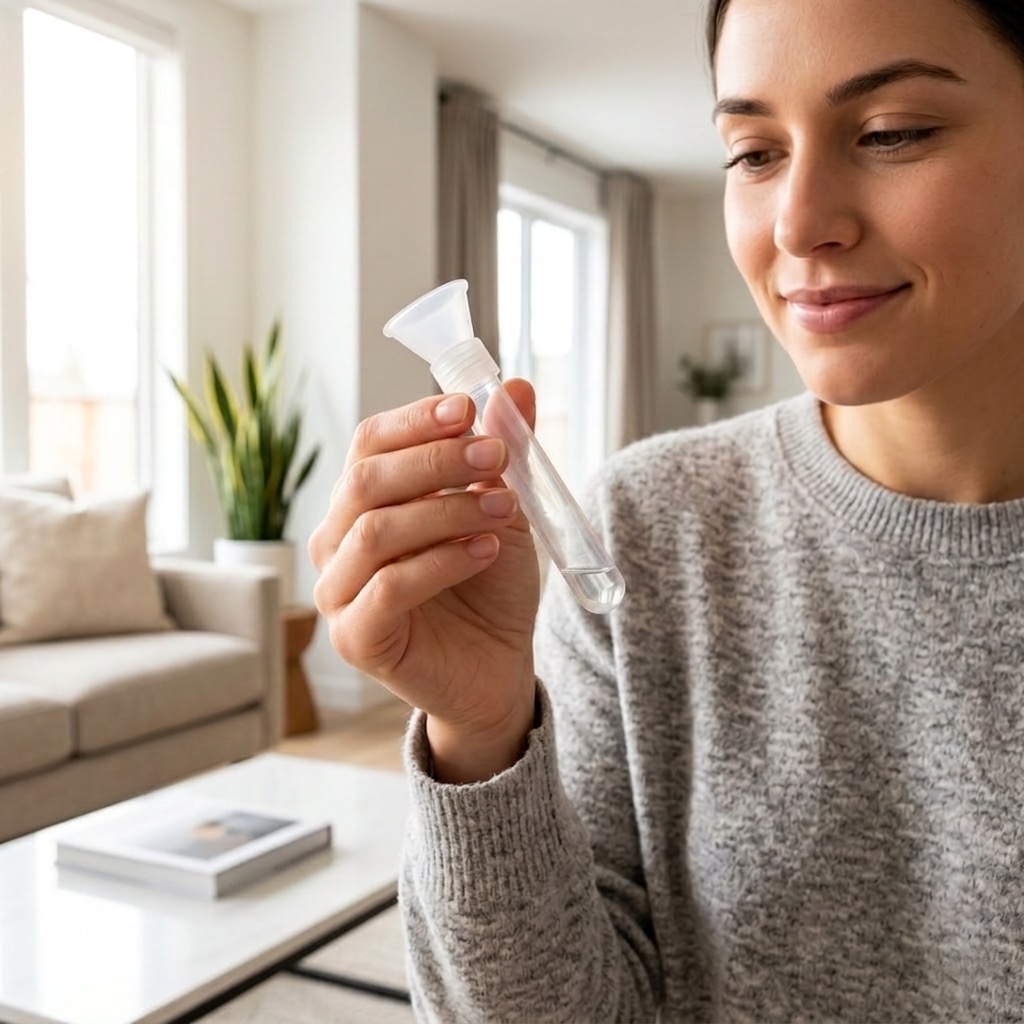 Person holding a saliva collection tube for an at-home DNA test