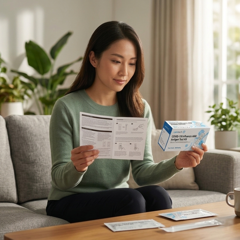 Person preparing to use an at-home diagnostic kit in a living room.