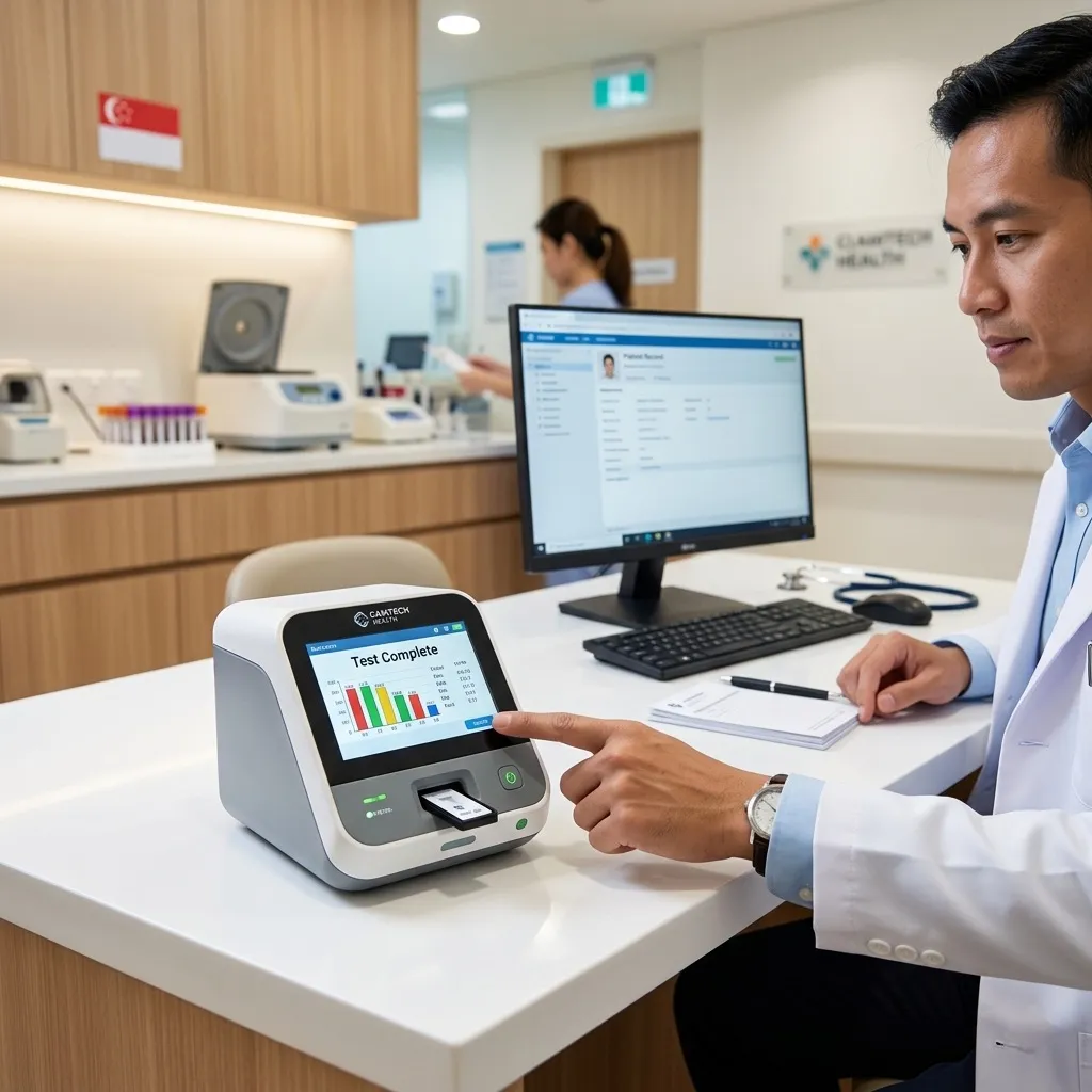 Point-of-care testing device being used in a Singapore medical clinic