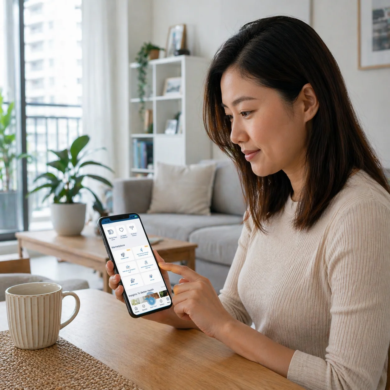 Woman in Singapore reviewing secure HPV screening results on a mobile health platform at home