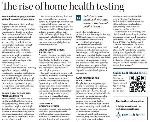 Newspaper article titled ‘The rise of home health testing’ featuring Camtech Health and the Camtech Health App