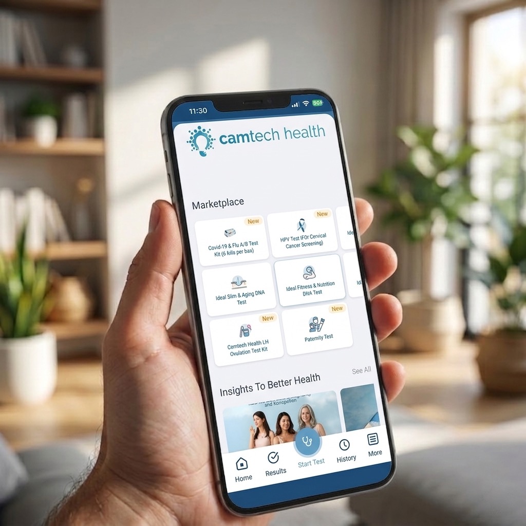 Smartphone showing the Camtech Health App with genetic wellness results