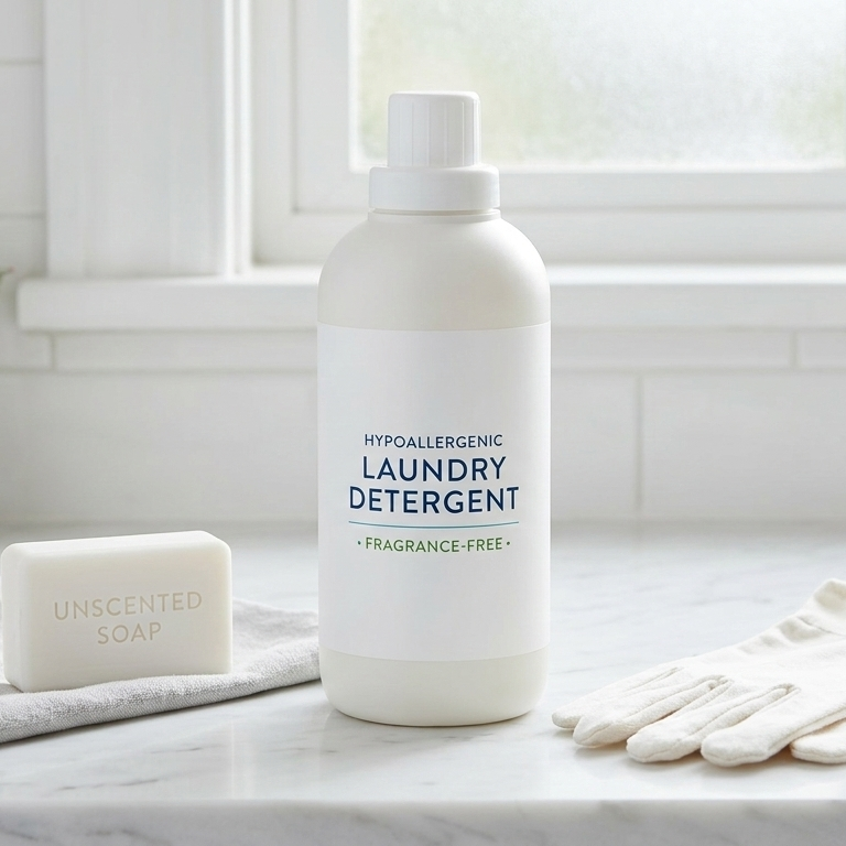 A bottle of fragrance-free laundry detergent and unscented soap placed next to a small potted plant.