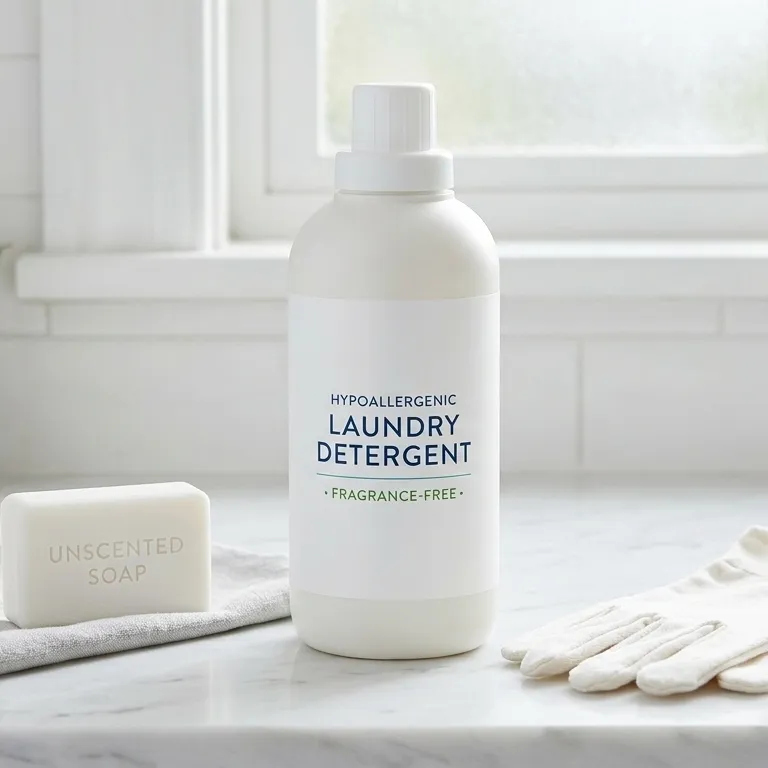 A bottle of fragrance-free laundry detergent and unscented soap placed next to a small potted plant.