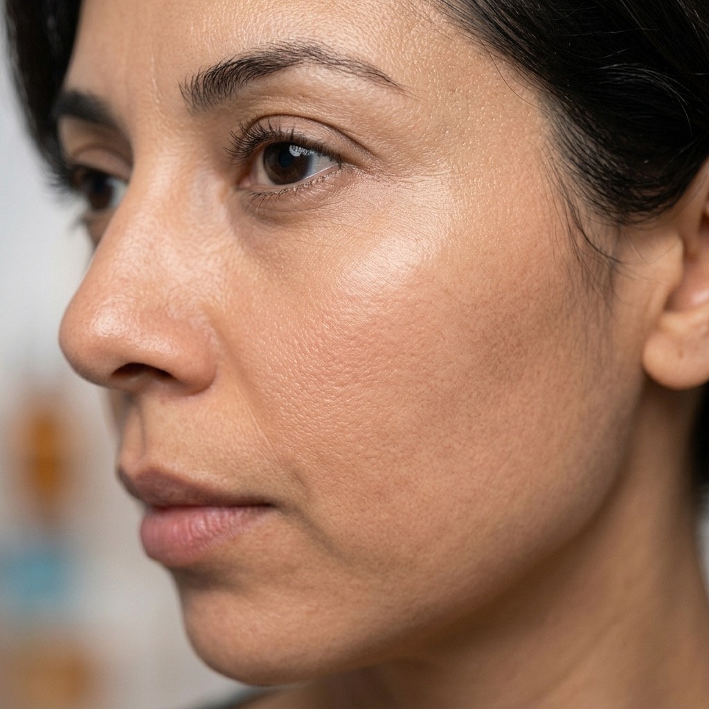 A close-up of a person's facial skin showing natural texture and fine lines.