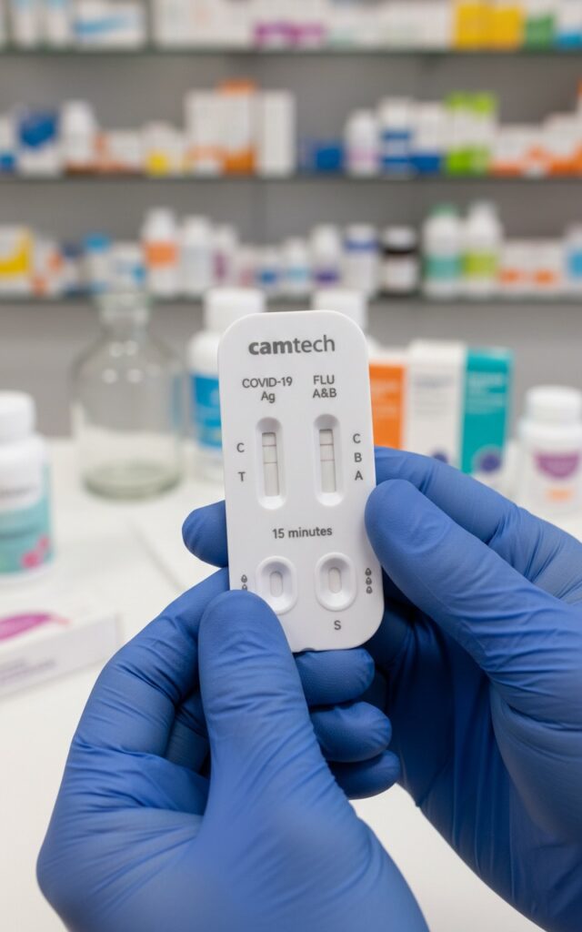 Two hands wearing blue nitrile medical gloves hold up a "camtech" branded rapid test cassette for Covid-19 Ag and Flu A&B. The background is a blurred pharmacy shelf with medicine bottles.
