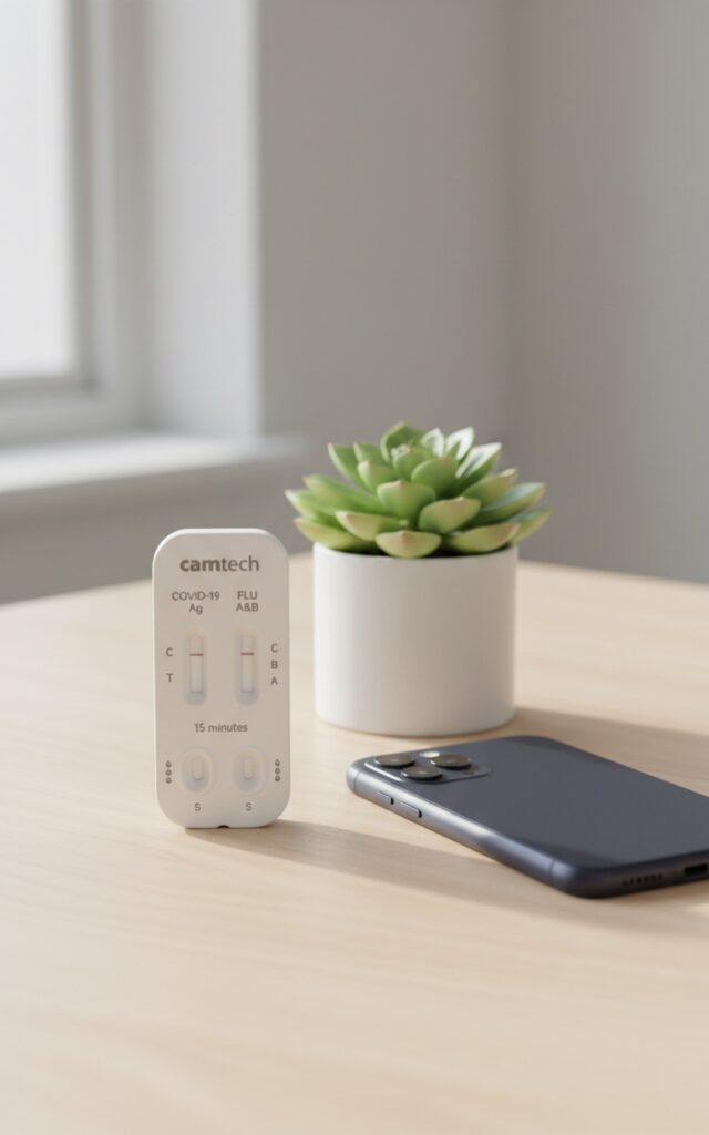 A "camtech" branded rapid test cassette standing upright on a wooden table. Text labels read "COVID-19 Ag" and "FLU A&B" and "15 minutes." A potted succulent and a black smartphone are in the foreground. Bright natural light.