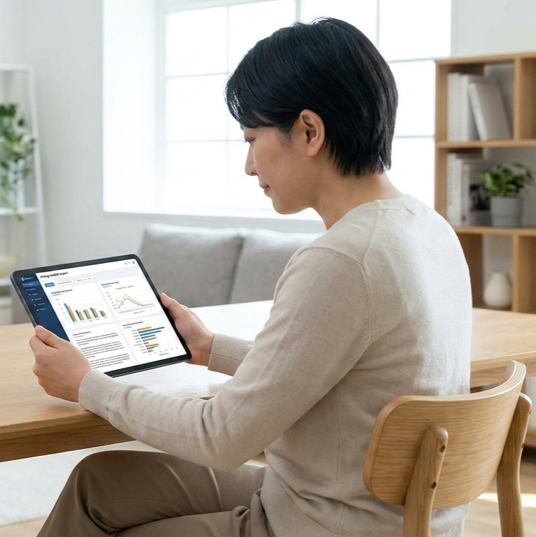 An individual sitting in a home environment reviewing a digital health report on a tablet device.