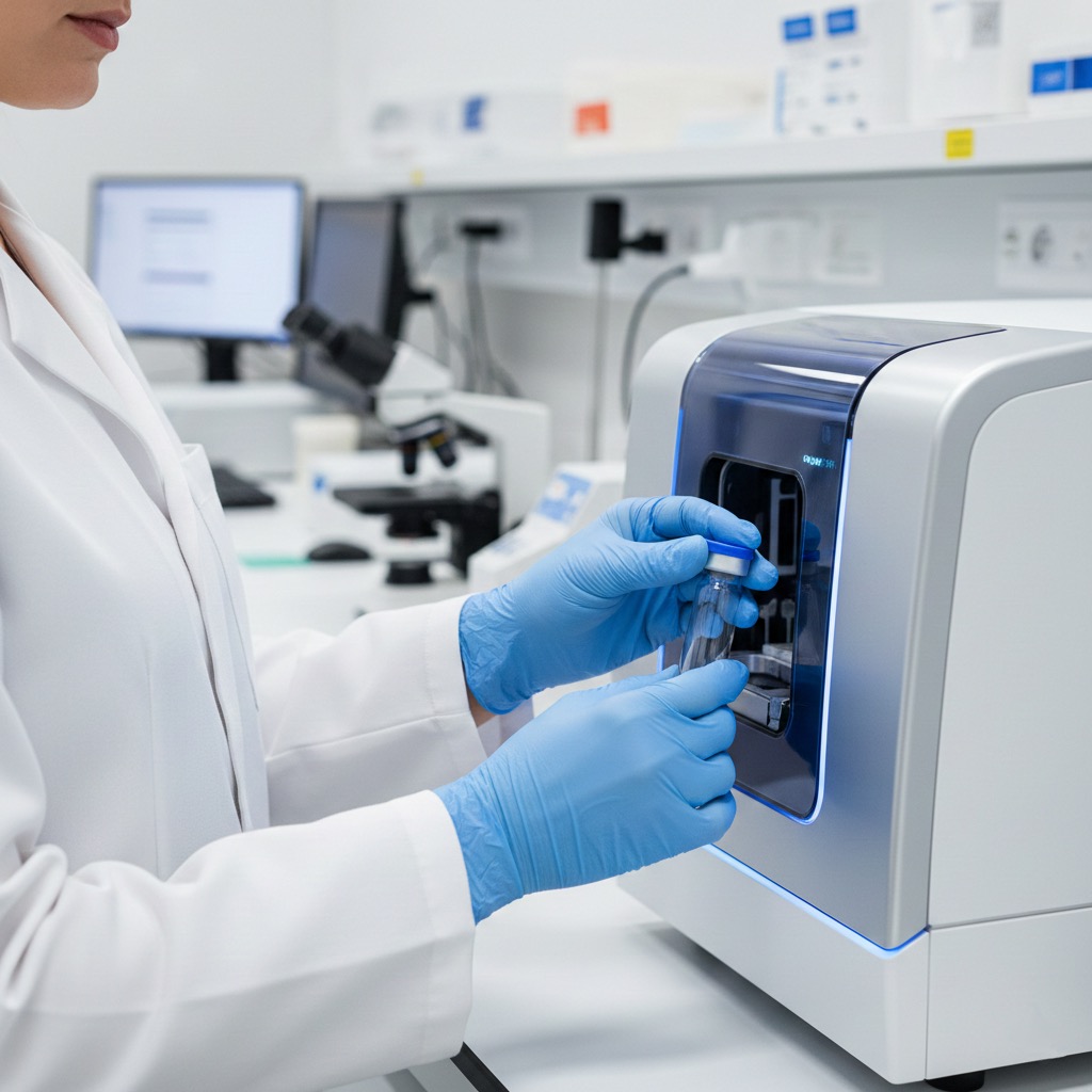 Laboratory technician processing an HPV test sample in a clinical setting.
