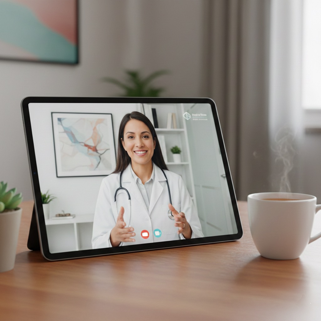 Patient using a tablet for a telehealth consultation with a doctor in Singapore.