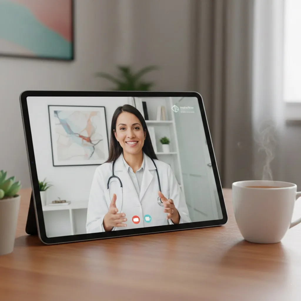Patient using a tablet for a telehealth consultation with a doctor in Singapore.