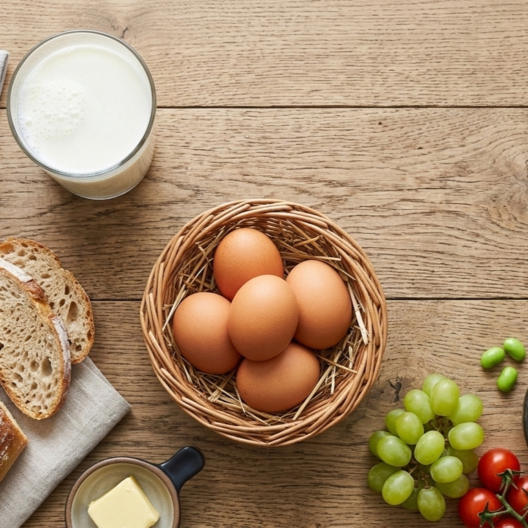 A top-down view of various common food allergens including eggs, nuts, milk, and wheat on a wooden table.