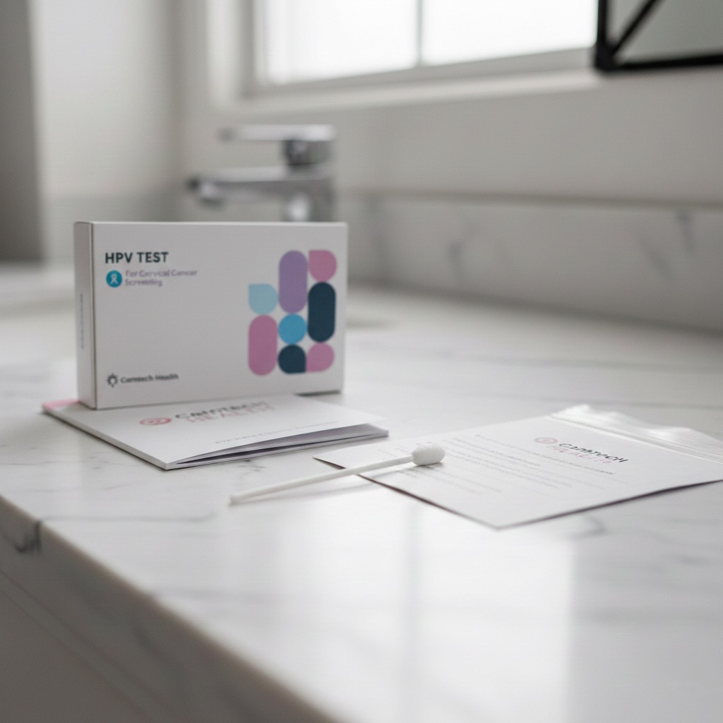 Components of a clinical HPV self-sampling kit on a bathroom counter.