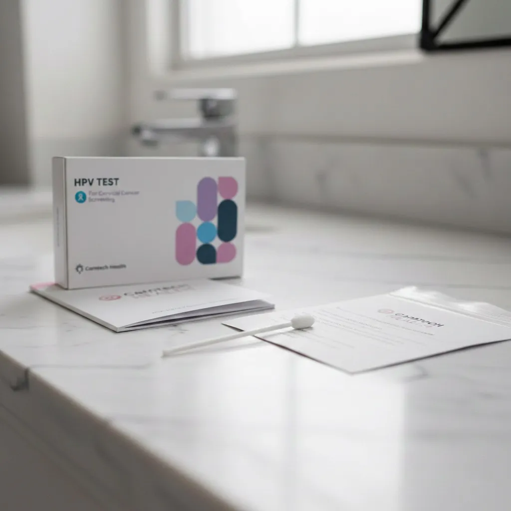 Components of a clinical HPV self-sampling kit on a bathroom counter.
