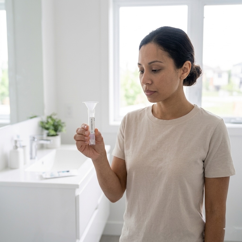 A woman standing in a bathroom taking a cheek swab for a genetic wellness test.