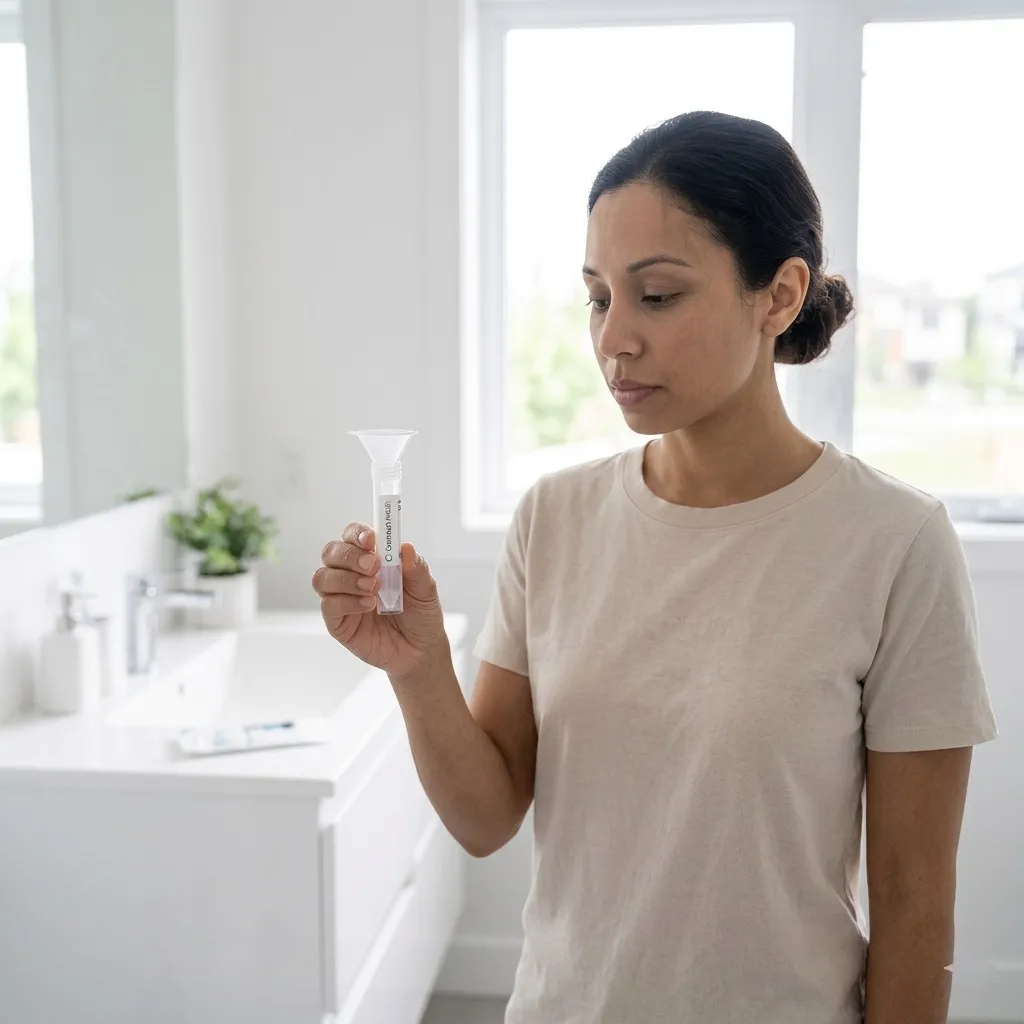 A woman standing in a bathroom taking a cheek swab for a genetic wellness test.