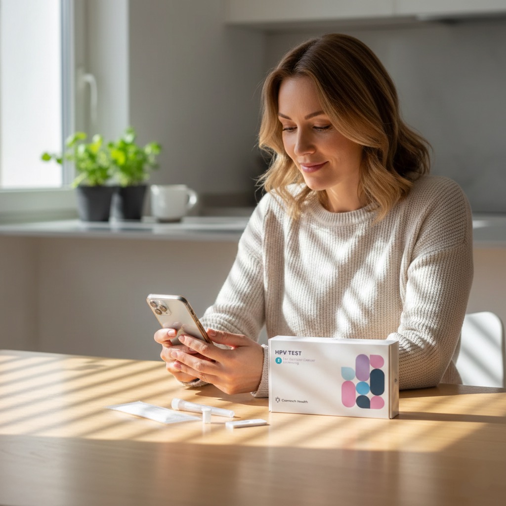 A woman at a kitchen table looking at her smartphone. Next to her is a Camtech Health HPV at-home test kit box and components. Natural window light.