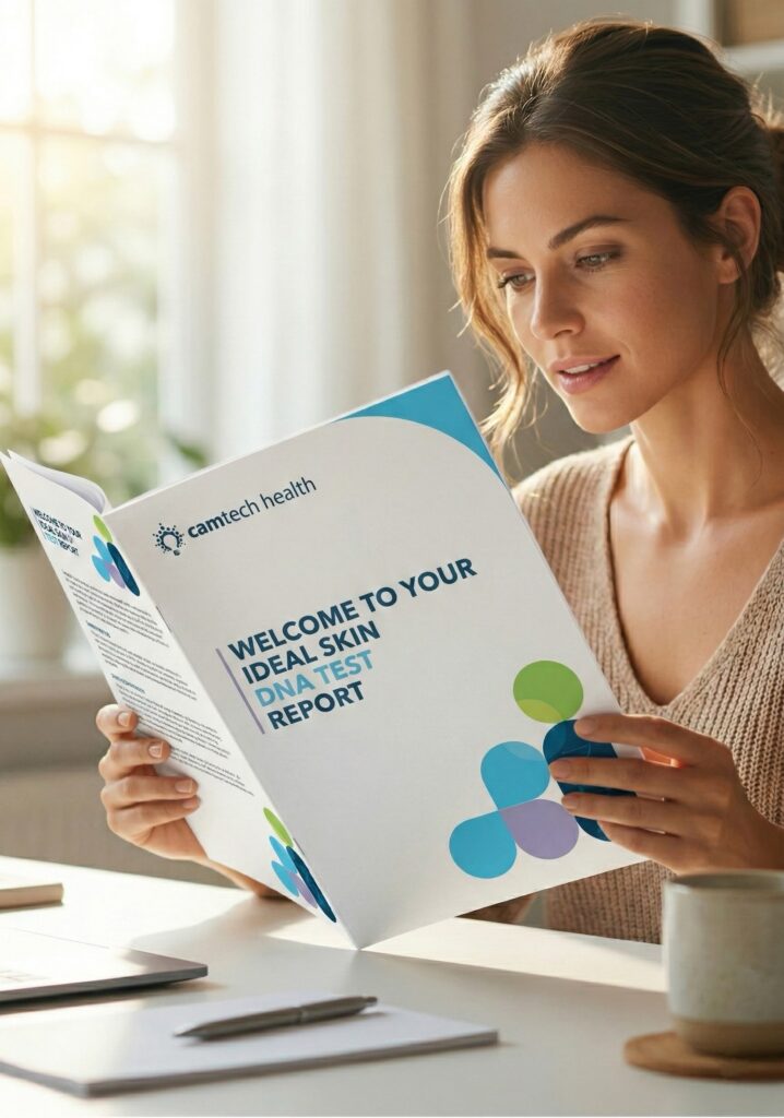 A woman reading a personalised genetic skin health report.