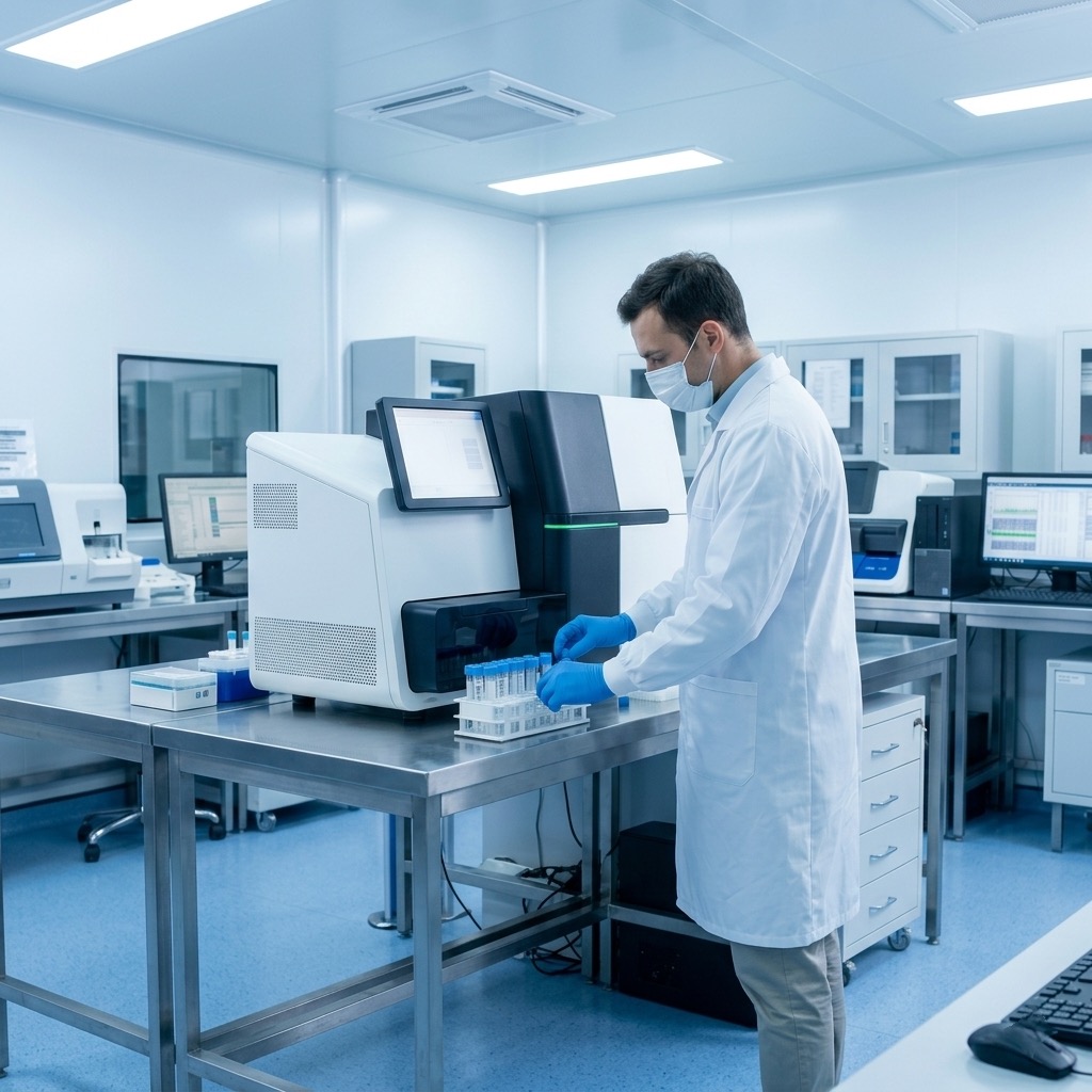 A lab technician processing biological samples in a modern medical laboratory.