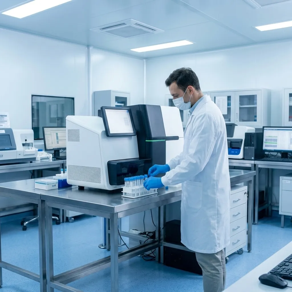 A lab technician processing biological samples in a modern medical laboratory.