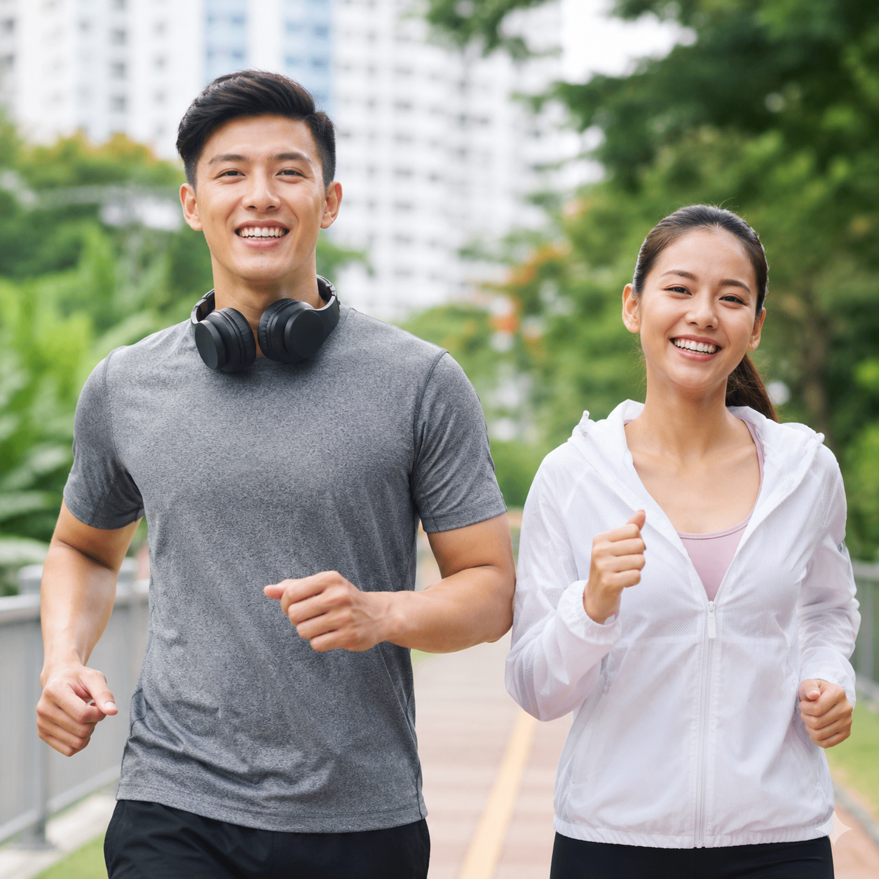 Man and woman jogging together in a city park – active lifestyle and fitness with Camtech Health
