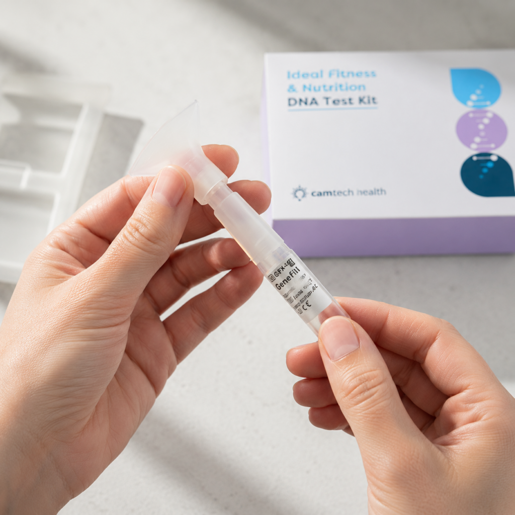 A person holding an at-home DNA collection kit for fitness and nutrition testing.