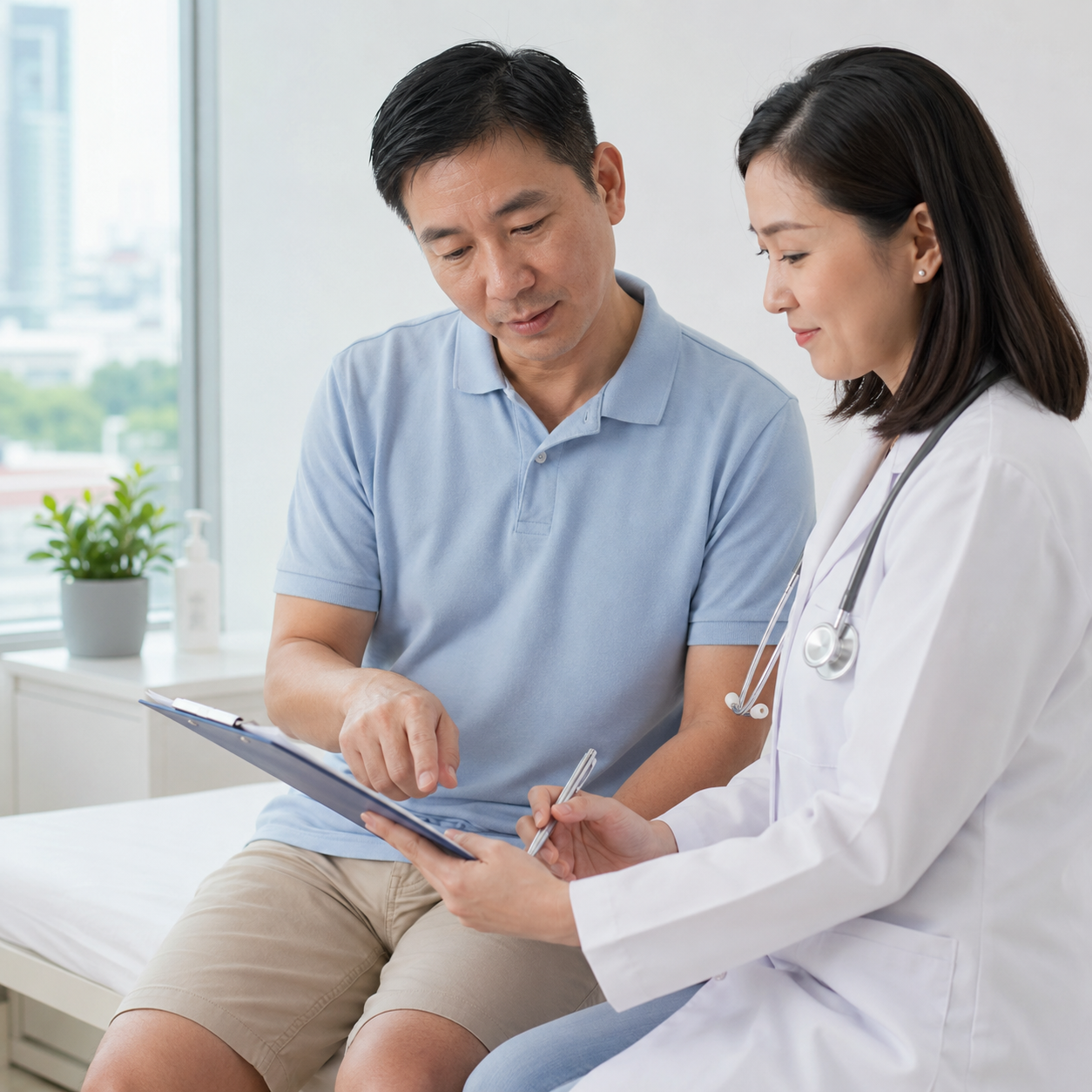 Healthcare professional consulting with a patient over a clipboard in a bright clinic setting