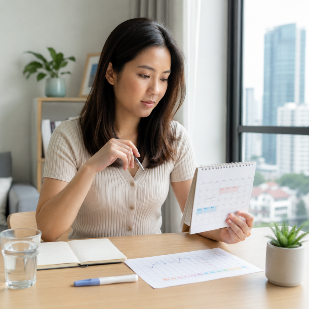 Woman reviewing a menstrual cycle calendar at home in Singapore.