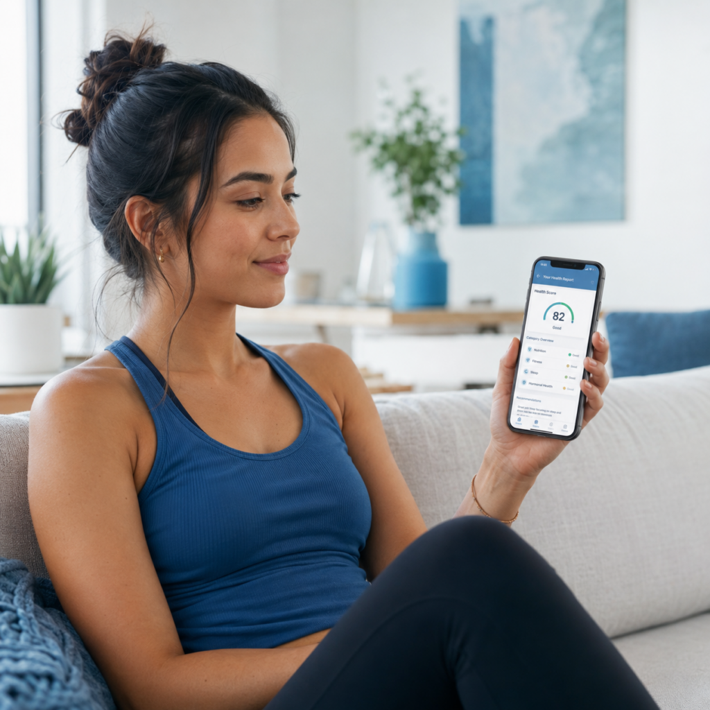 A woman reviewing her personalised genetic fitness results on a mobile app.