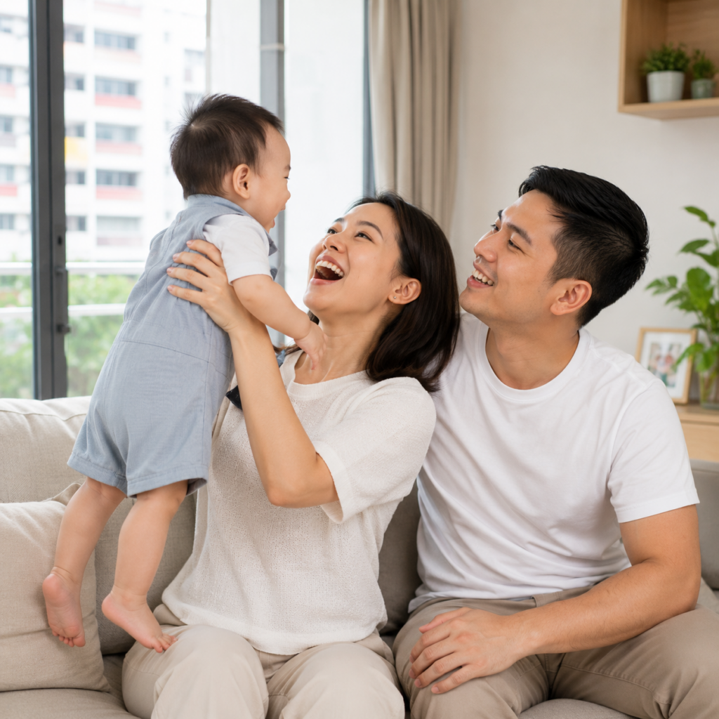 Joyful Singaporean family playing with their toddler on a cosy living room sofa