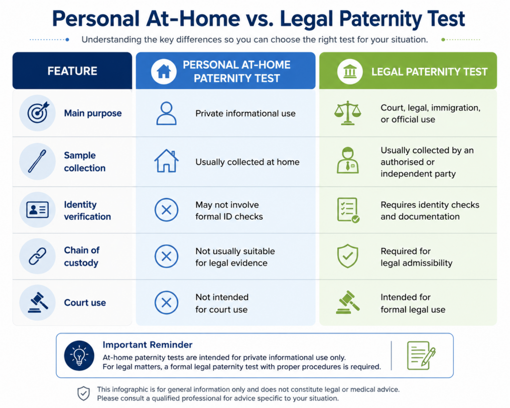 Side-by-side comparison of personal at-home paternity testing and legal paternity testing in Singapore.