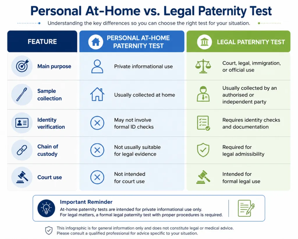 Side-by-side comparison of personal at-home paternity testing and legal paternity testing in Singapore.