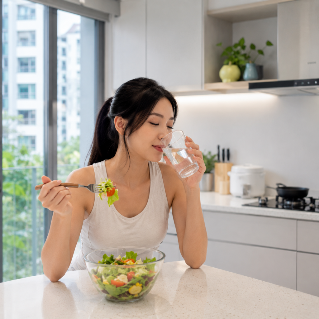 Woman enjoying a fresh salad and glass of water in a bright modern kitchen