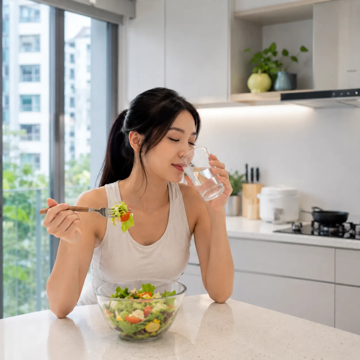 Woman enjoying a fresh salad and glass of water in a bright modern kitchen