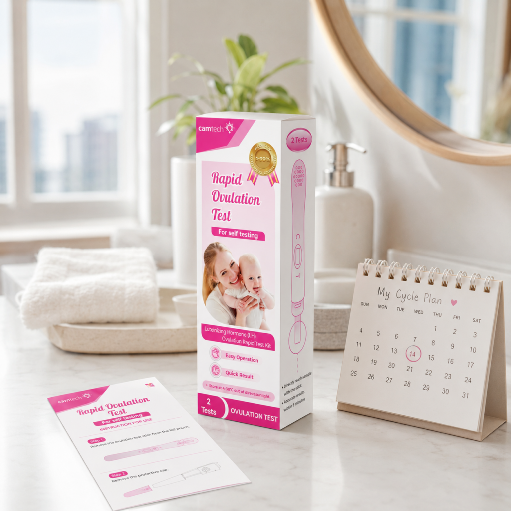 Ovulation test kit prepared on a clean home counter.