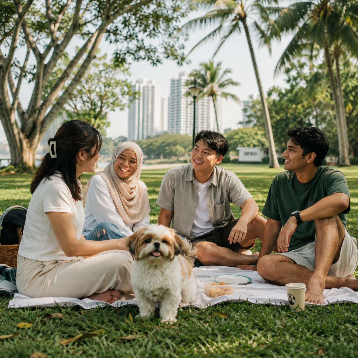 Group of friends enjoying a picnic in an urban park with a dog – community wellness with Camtech Health