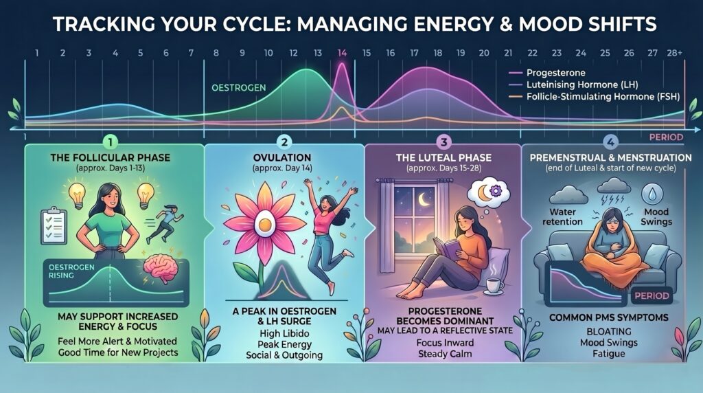 Infographic of the menstrual cycle showing hormone changes and four phases—follicular, ovulation, luteal, and menstruation—with associated energy and mood patterns.