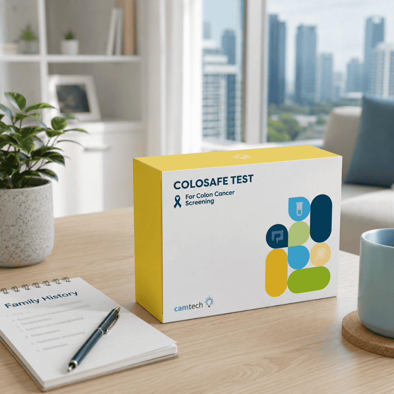 Colosafe stool DNA test kit on a home desk for colorectal cancer screening in Singapore
