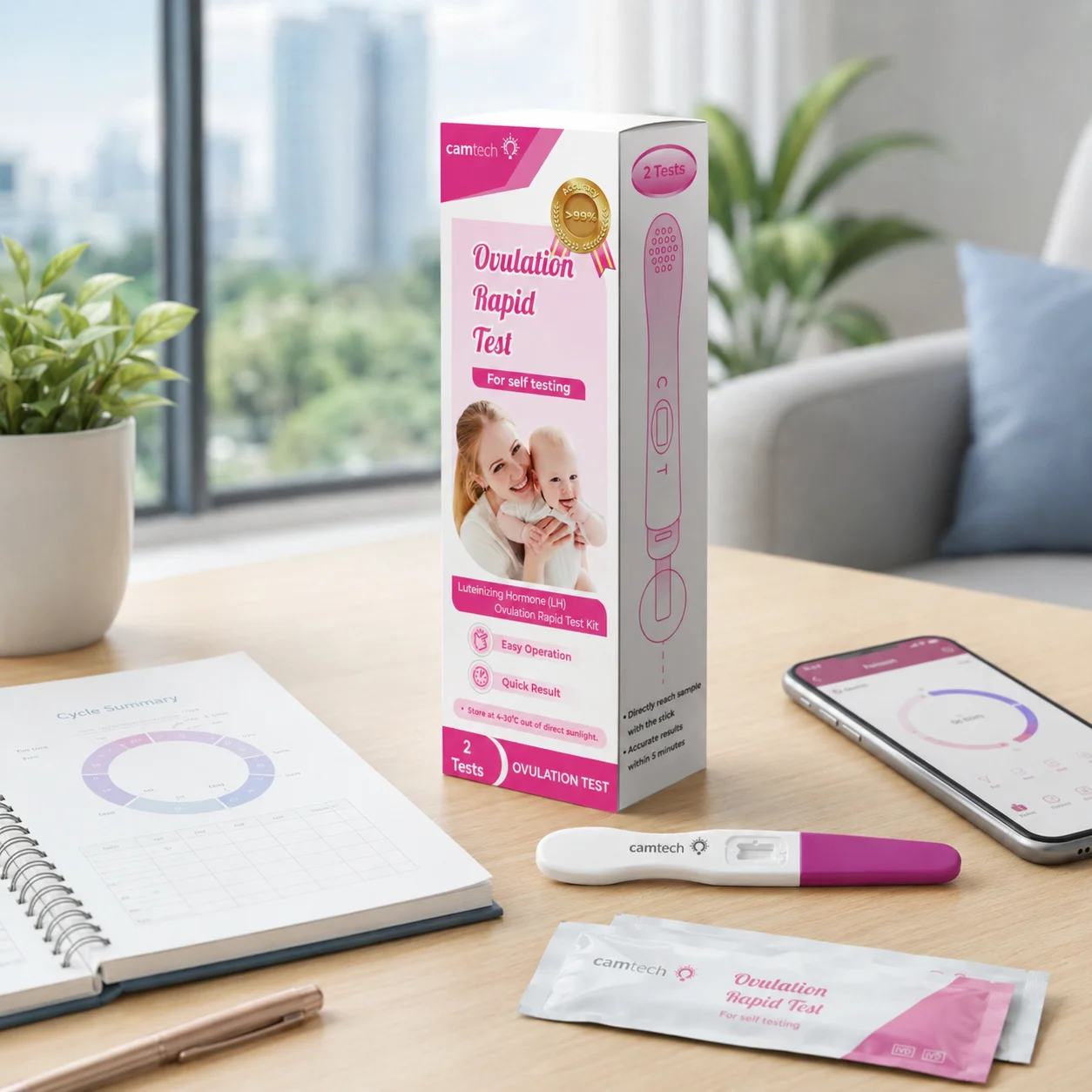 Camtech ovulation test kit on a home desk for fertility tracking in Singapore