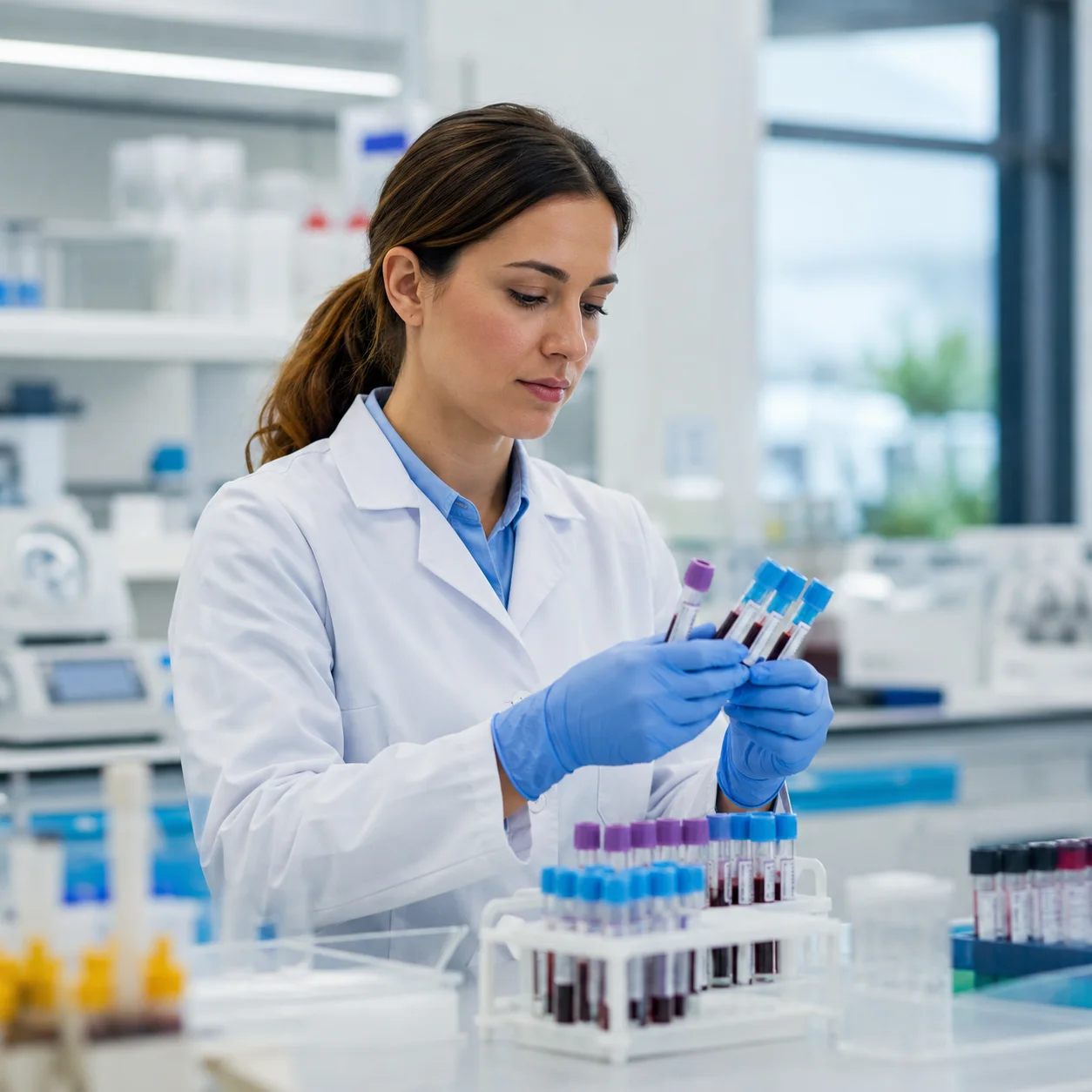 Laboratory technician carefully handling a labelled DNA saliva sample for processing.