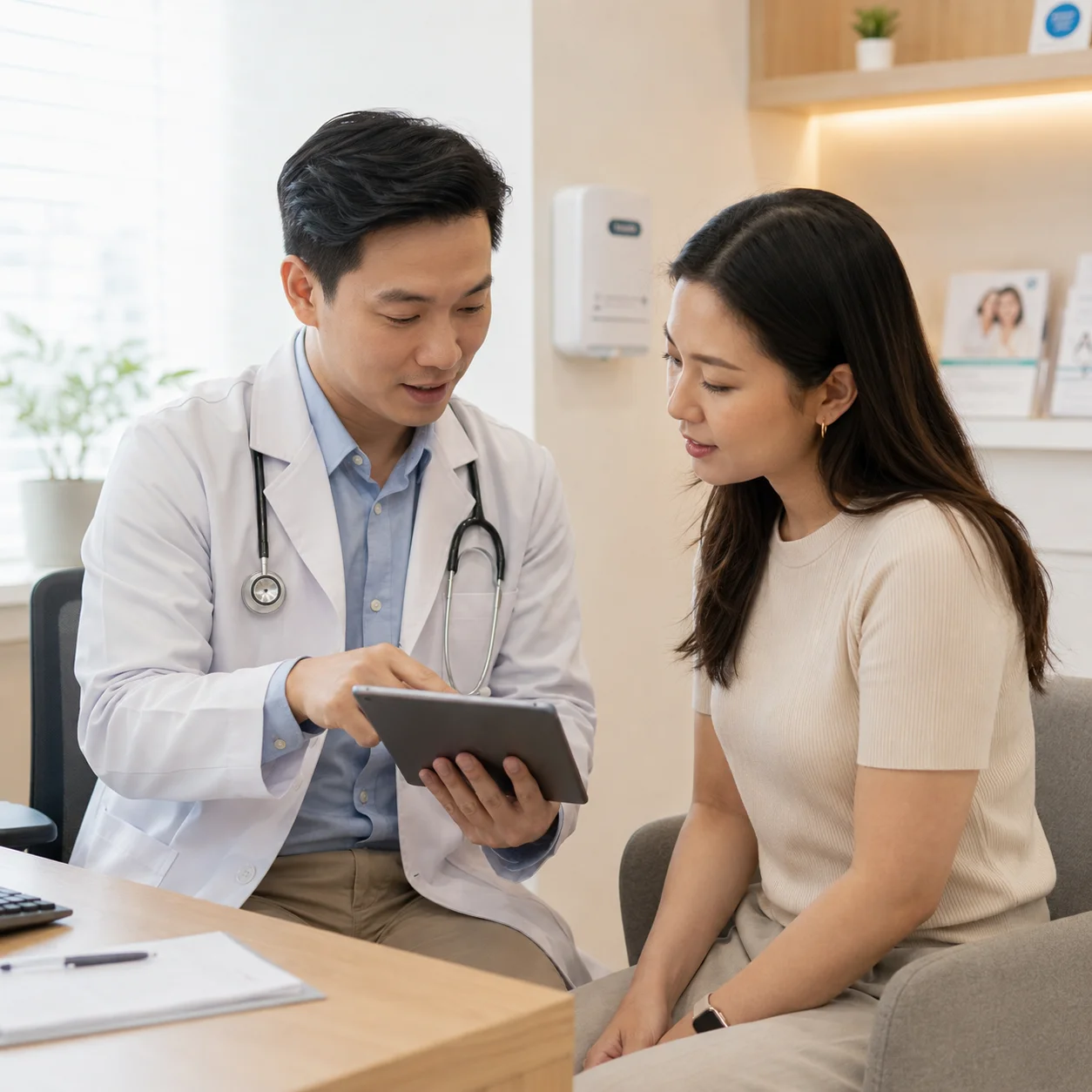 Doctor discussing test results on a tablet with a patient during a clinic consultation for respiratory symptoms.