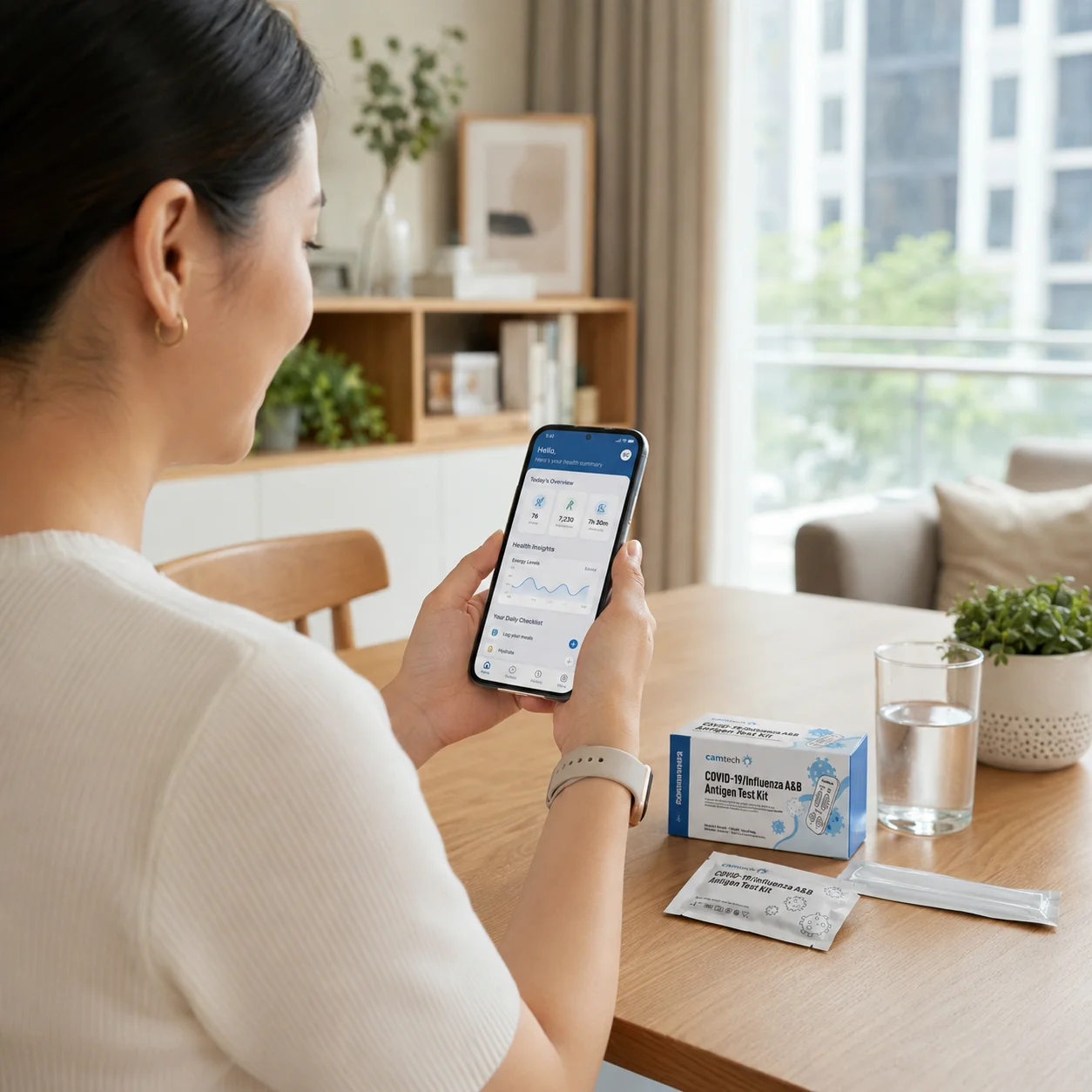 Woman reviewing personalised health insights in the Camtech Health app beside a COVID-19 and Flu A/B test kit.